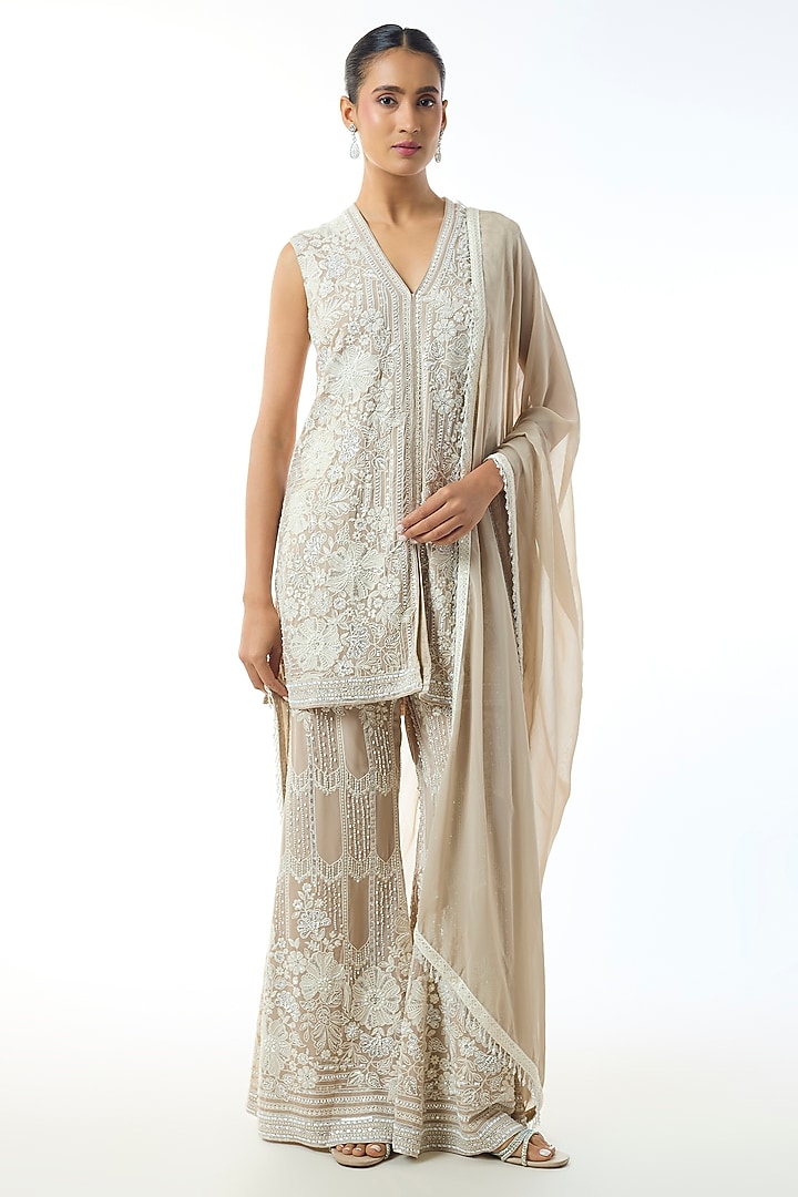 Beige Chikankari Georgette Embroidered Tunic Set by GOPI VAID at Pernia's Pop Up Shop