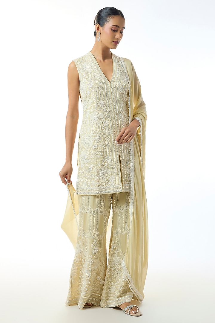 Pale Yellow Chikankari Georgette Embroidered Tunic Set by GOPI VAID at Pernia's Pop Up Shop
