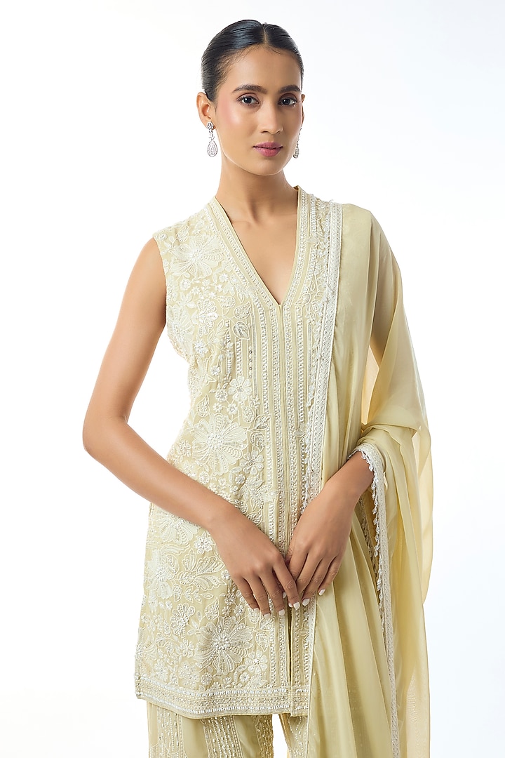 Pale Yellow Chikankari Georgette Embroidered Tunic Set by GOPI VAID at Pernia's Pop Up Shop