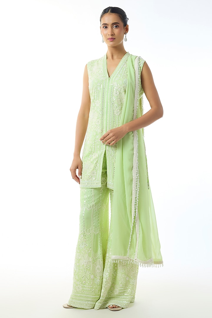 Light Green Chikankari Georgette Embroidered Tunic Set by GOPI VAID at Pernia's Pop Up Shop