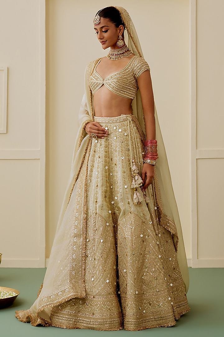 Ivory Tissue Embellished Bridal Bridal Lehenga Set by GOPI VAID at Pernia's Pop Up Shop