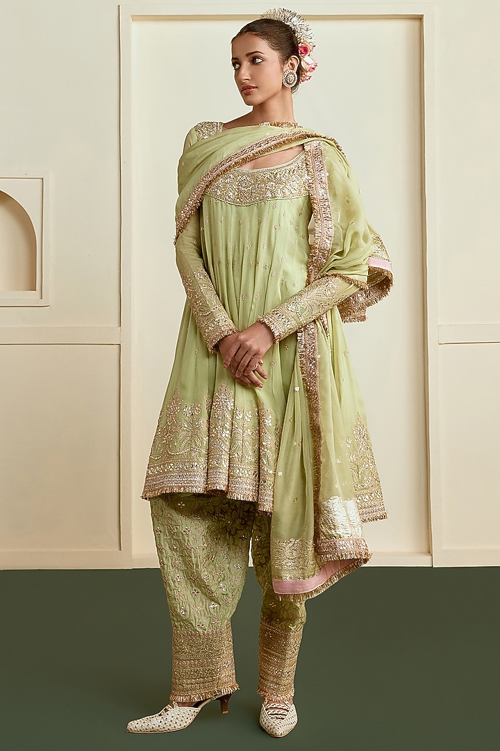 Lime Green Georgette Sequin Embellished Kurta Set by GOPI VAID at Pernia's Pop Up Shop
