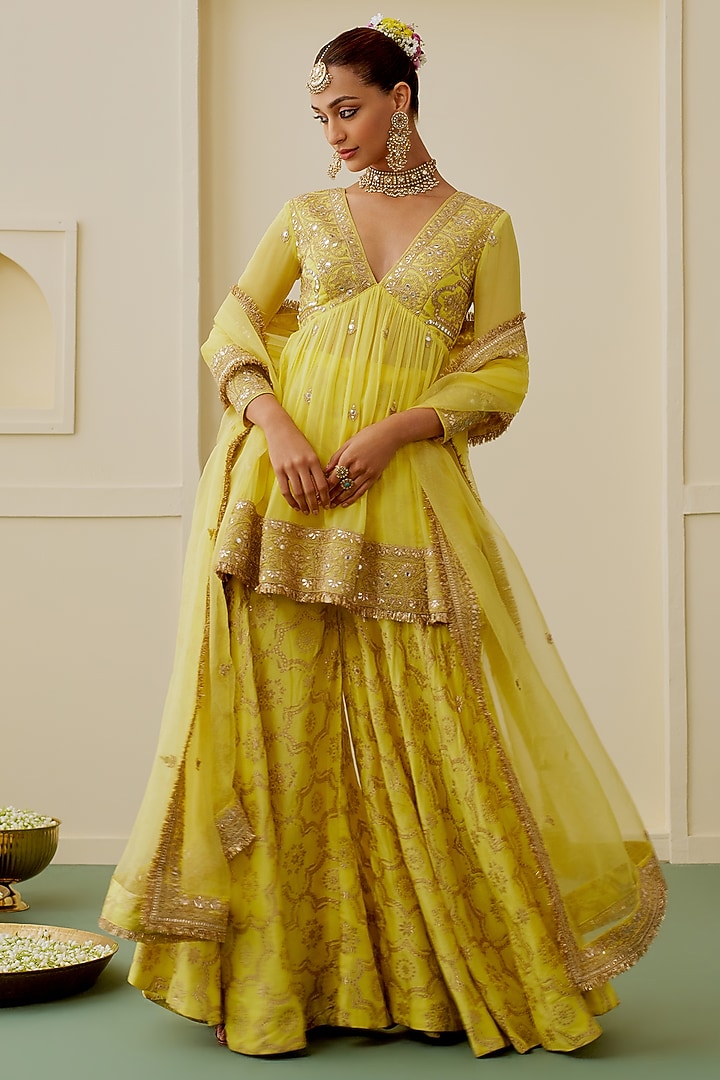Yellow Georgette Embellished Wedding Sharara Set by GOPI VAID at Pernia's Pop Up Shop