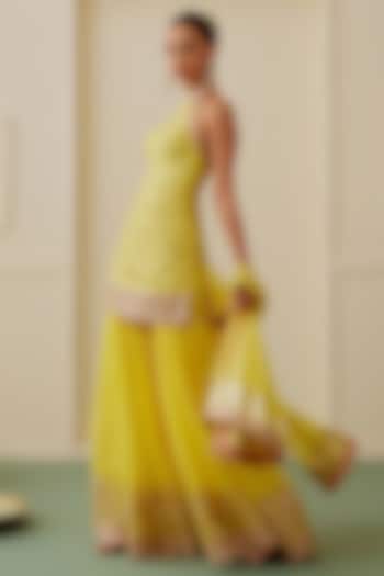 Yellow Tussar Gold Embellished Wedding Sharara Set by GOPI VAID at Pernia's Pop Up Shop