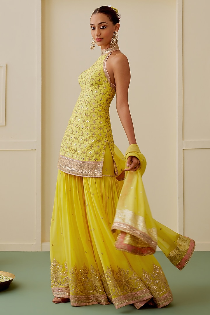 Yellow Tussar Gold Embellished Wedding Sharara Set by GOPI VAID at Pernia's Pop Up Shop