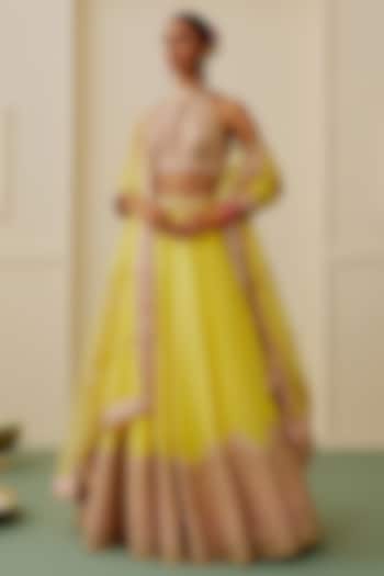 Yellow Tussar Thread Embellished Wedding Lehenga Set by GOPI VAID at Pernia's Pop Up Shop