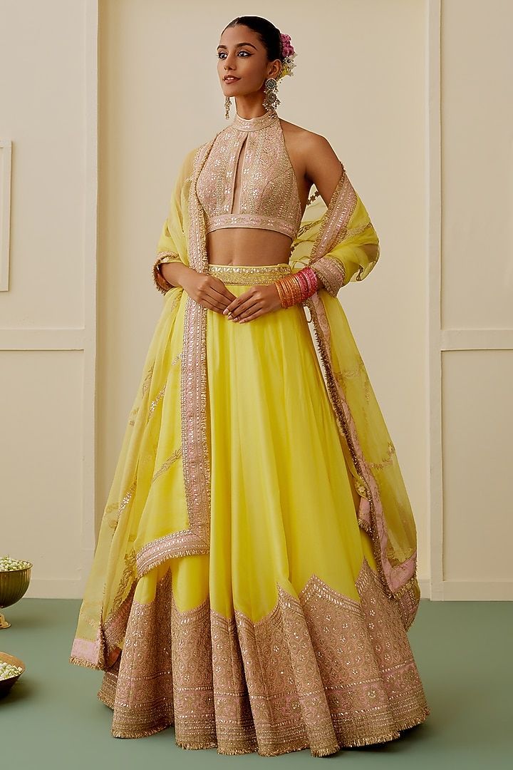 Yellow Tussar Thread Embellished Wedding Lehenga Set by GOPI VAID at Pernia's Pop Up Shop