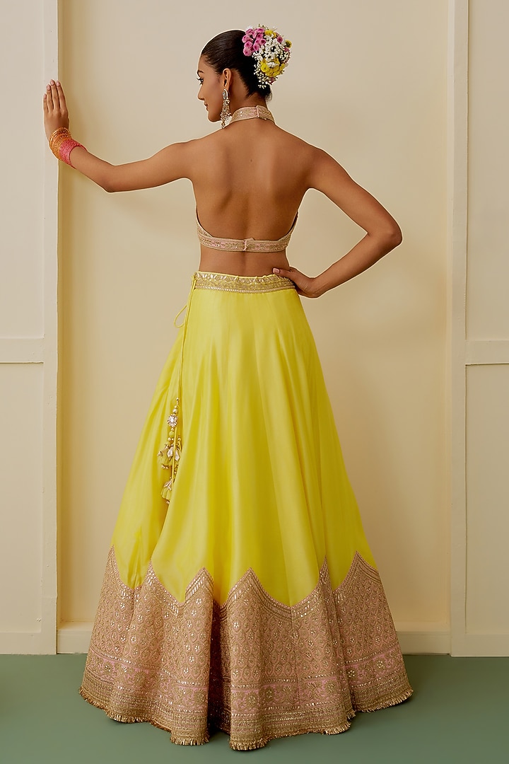 Yellow Tussar Thread Embellished Wedding Lehenga Set by GOPI VAID at Pernia's Pop Up Shop