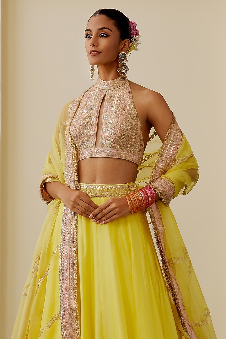 Yellow Tussar Thread Embellished Wedding Lehenga Set by GOPI VAID at Pernia's Pop Up Shop