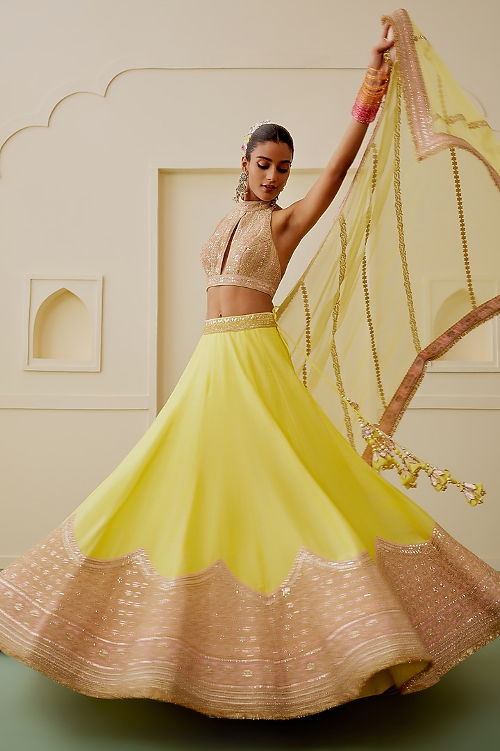Yellow Tussar Thread Embellished Wedding Lehenga Set by GOPI VAID at Pernia's Pop Up Shop