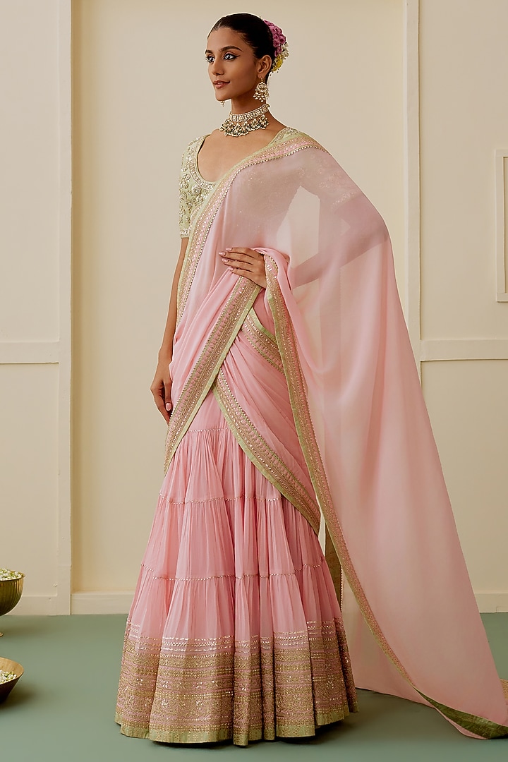 Rose Pink Georgette Embroidered Pre-Draped Reception Saree Set by GOPI VAID at Pernia's Pop Up Shop