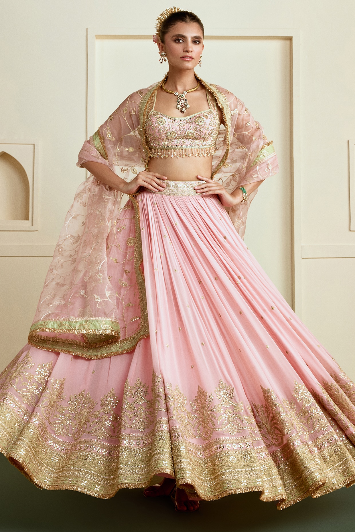 GOPI VAID Pink Georgette Embellished Bridal Lehenga Set