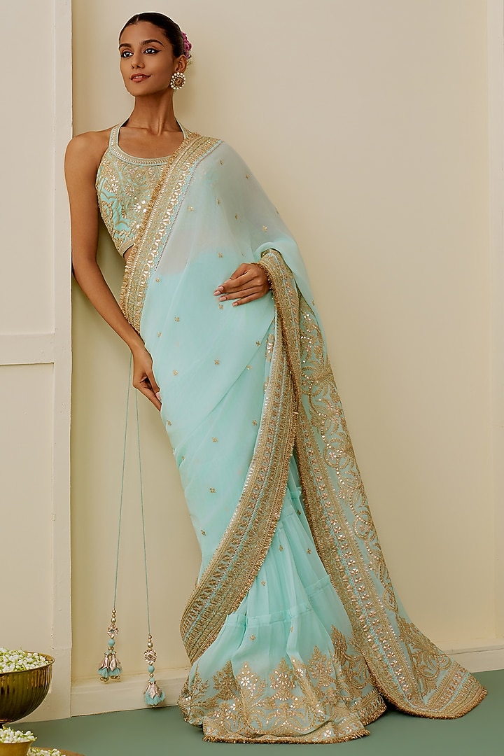 Ice Blue Georgette Gold Embroidered Reception Saree Set by GOPI VAID at Pernia's Pop Up Shop