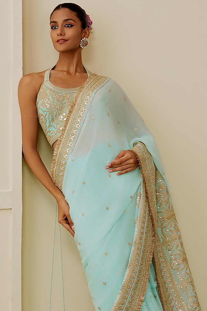 Ice Blue Georgette Gold Embroidered Reception Saree Set by GOPI VAID at Pernia's Pop Up Shop