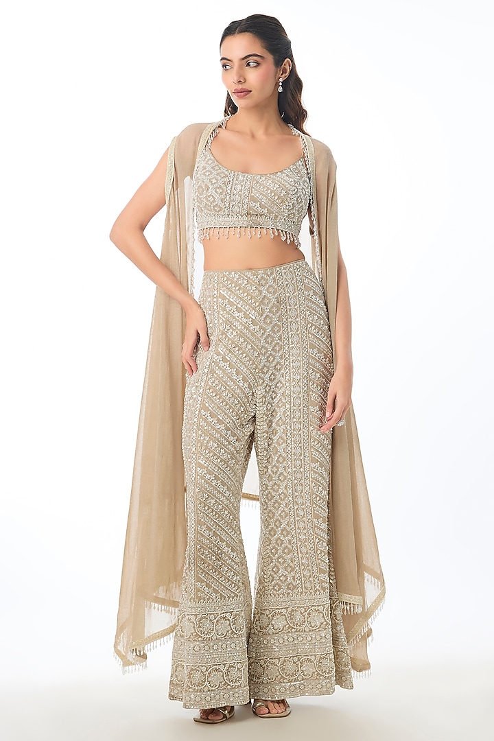 Ivory Georgette Chikankari Embroidered Pant Set by GOPI VAID at Pernia's Pop Up Shop