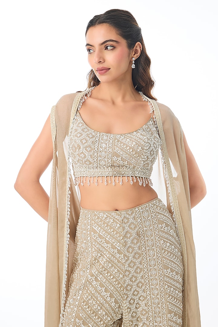 Brown Georgette Chikankari Embroidered Pant Set by GOPI VAID at Pernia's Pop Up Shop
