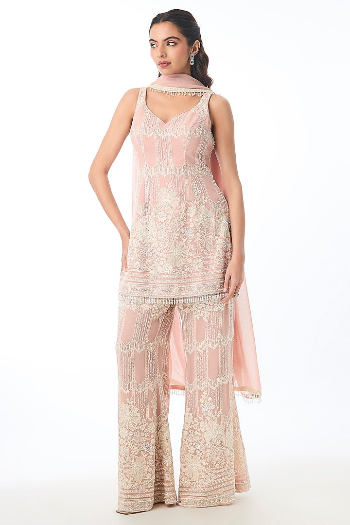 Soft Pink Georgette Chikankari Embroidered Kurta Set by GOPI VAID at Pernia's Pop Up Shop