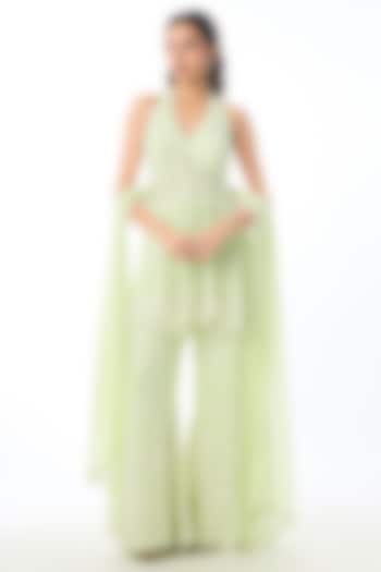 Green Georgette Chikankari Embroidered Peplum Kurta Set by GOPI VAID at Pernia's Pop Up Shop