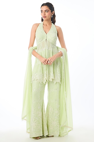 Green Georgette Chikankari Embroidered Peplum Kurta Set by GOPI VAID