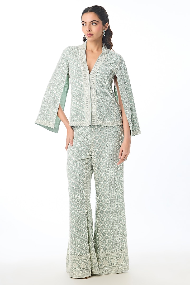 Green Georgette Chikankari Embroidered Pant Set by GOPI VAID at Pernia's Pop Up Shop