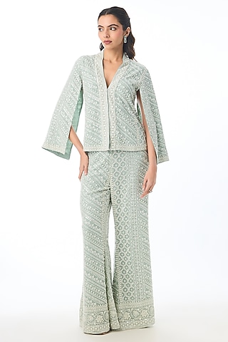 Blue Georgette Chikankari Embroidered Pant Set by GOPI VAID