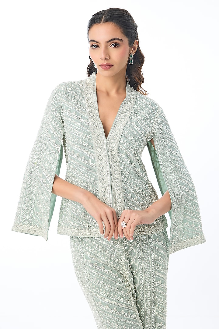 Blue Georgette Chikankari Embroidered Pant Set by GOPI VAID at Pernia's Pop Up Shop