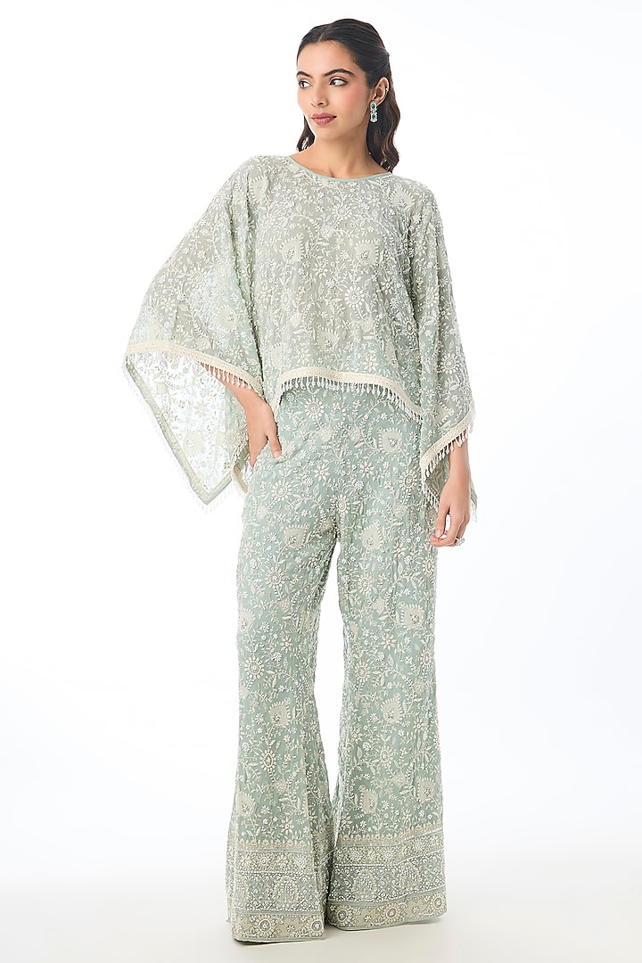 Green Georgette Chikankari Embroidered Pant Set by GOPI VAID at Pernia's Pop Up Shop