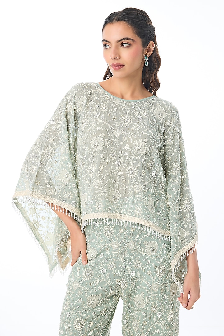 Blue Georgette Chikankari Embroidered Pant Set by GOPI VAID at Pernia's Pop Up Shop