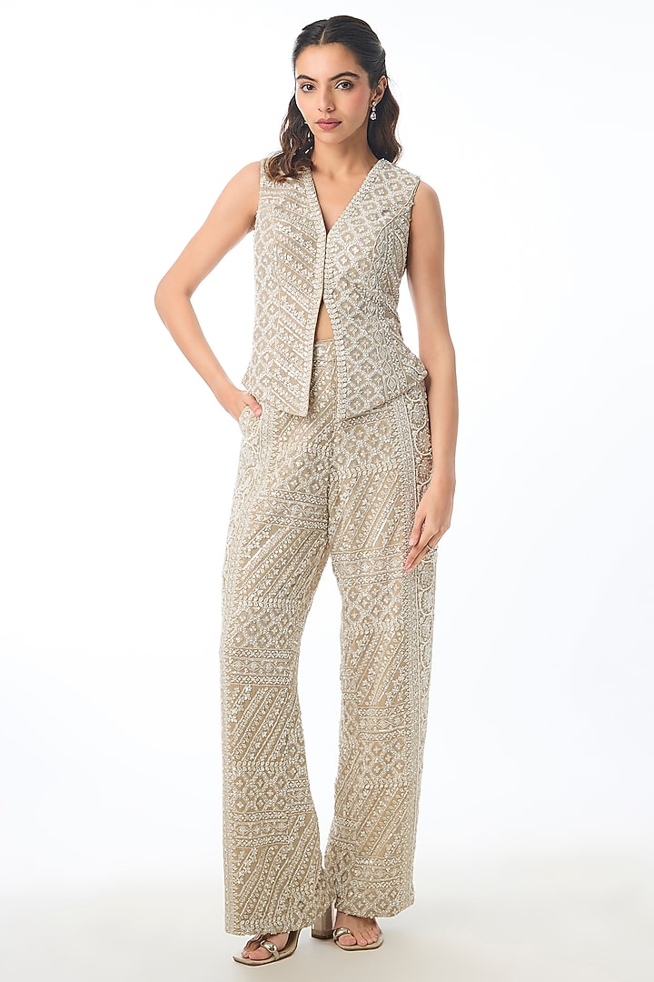Ivory Georgette Chikankari Embroidered Pant Set by GOPI VAID at Pernia's Pop Up Shop
