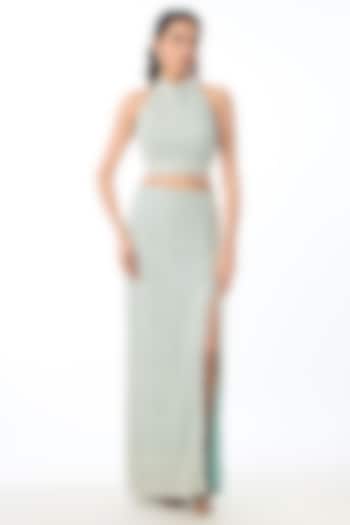 Green Georgette Chikankari Embroidered Skirt Set by GOPI VAID at Pernia's Pop Up Shop