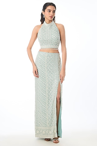 Blue Georgette Chikankari Embroidered Skirt Set by GOPI VAID