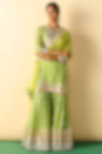 Lime Green Cotton Silk Embroidered Flared Wedding Sharara Set by GOPI VAID at Pernia's Pop Up Shop