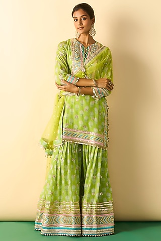 Lime Green Cotton Silk Embroidered Flared Sharara Set by GOPI VAID