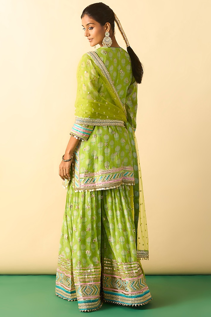 Lime Green Cotton Silk Embroidered Flared Wedding Sharara Set by GOPI VAID at Pernia's Pop Up Shop