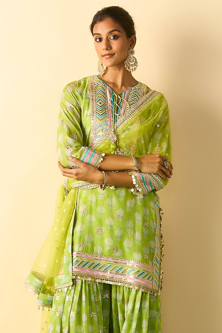 Lime Green Cotton Silk Embroidered Flared Wedding Sharara Set by GOPI VAID at Pernia's Pop Up Shop