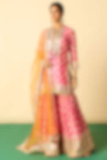 Pink Cotton Silk Embroidered Flared Wedding Sharara Set by GOPI VAID at Pernia's Pop Up Shop