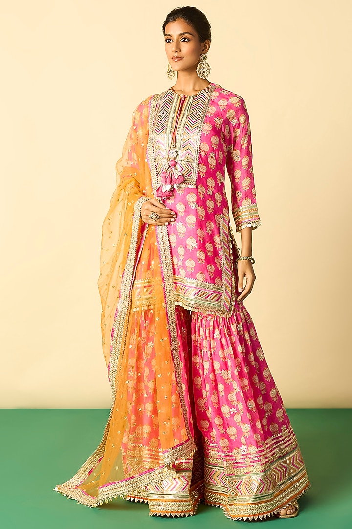 Pink Cotton Silk Embroidered Flared Wedding Sharara Set by GOPI VAID at Pernia's Pop Up Shop