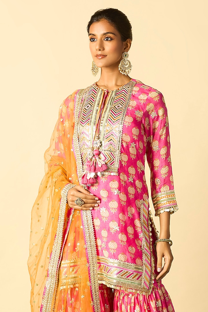 Pink Cotton Silk Embroidered Flared Wedding Sharara Set by GOPI VAID at Pernia's Pop Up Shop