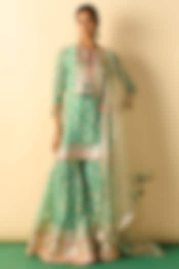 Aqua Cotton Silk Embroidered Flared Wedding Sharara Set by GOPI VAID at Pernia's Pop Up Shop