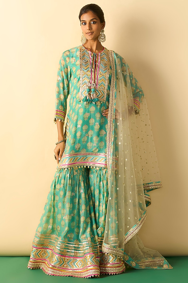 Aqua Cotton Silk Embroidered Flared Wedding Sharara Set by GOPI VAID at Pernia's Pop Up Shop