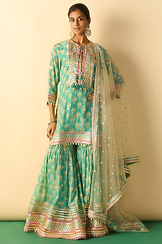 Aqua Cotton Silk Embroidered Flared Sharara Set by GOPI VAID