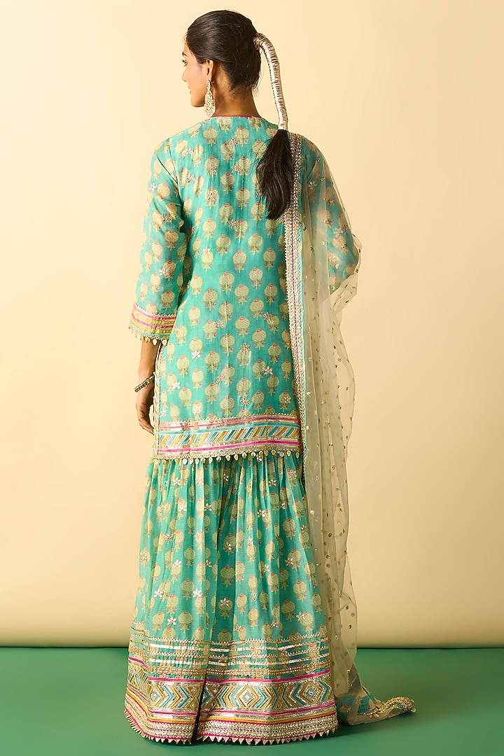 Aqua Cotton Silk Embroidered Flared Wedding Sharara Set by GOPI VAID at Pernia's Pop Up Shop