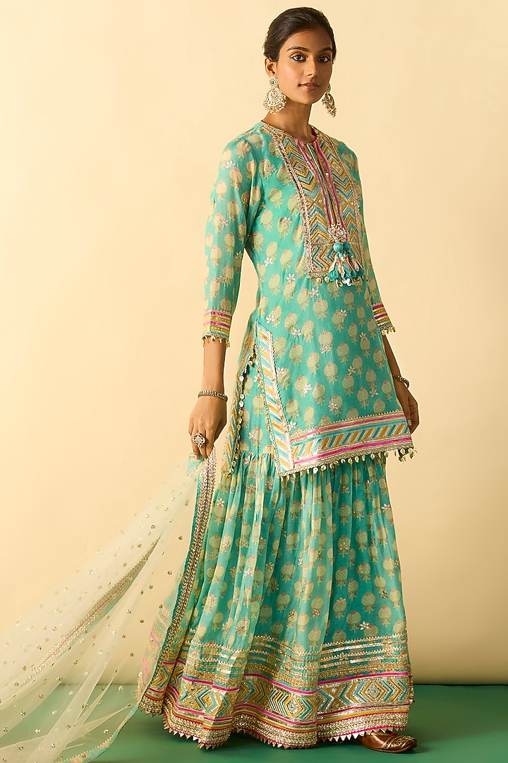Aqua Cotton Silk Embroidered Flared Wedding Sharara Set by GOPI VAID at Pernia's Pop Up Shop