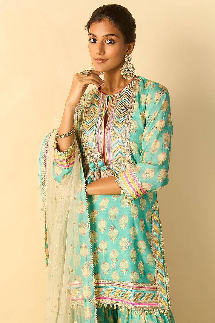 Aqua Cotton Silk Embroidered Flared Wedding Sharara Set by GOPI VAID at Pernia's Pop Up Shop