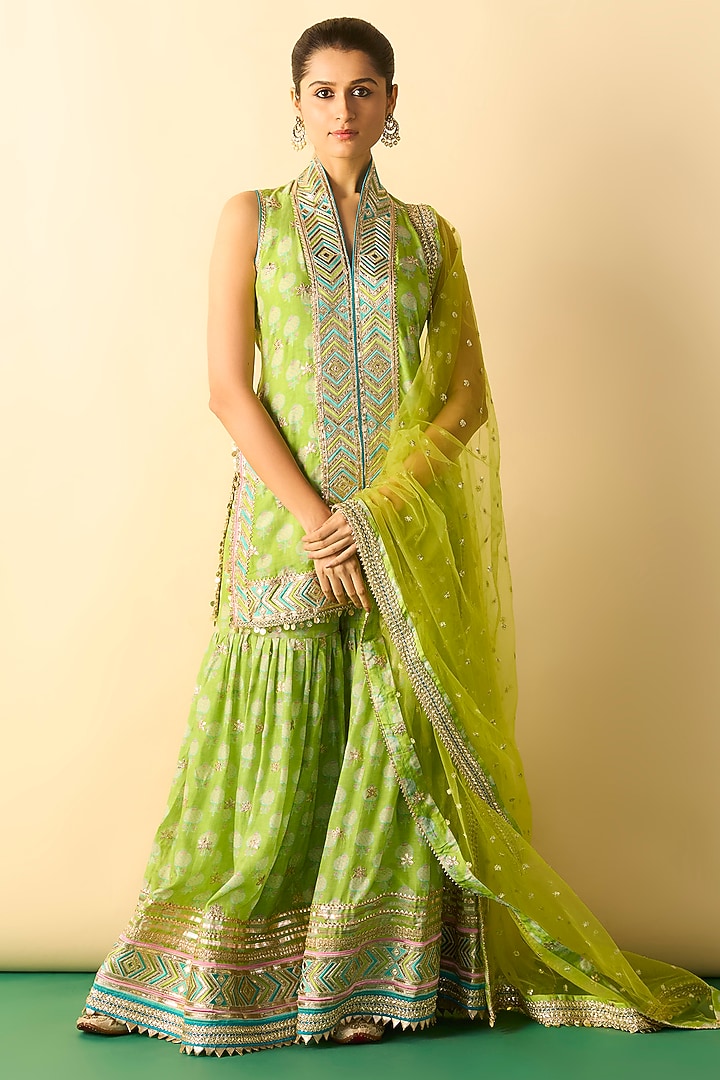 Lime Green Cotton Silk Gota-Patti Embroidered Wedding Sharara Set by GOPI VAID at Pernia's Pop Up Shop