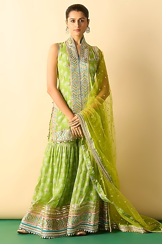 Lime Green Cotton Silk Gota-Patti Embroidered Sharara Set by GOPI VAID