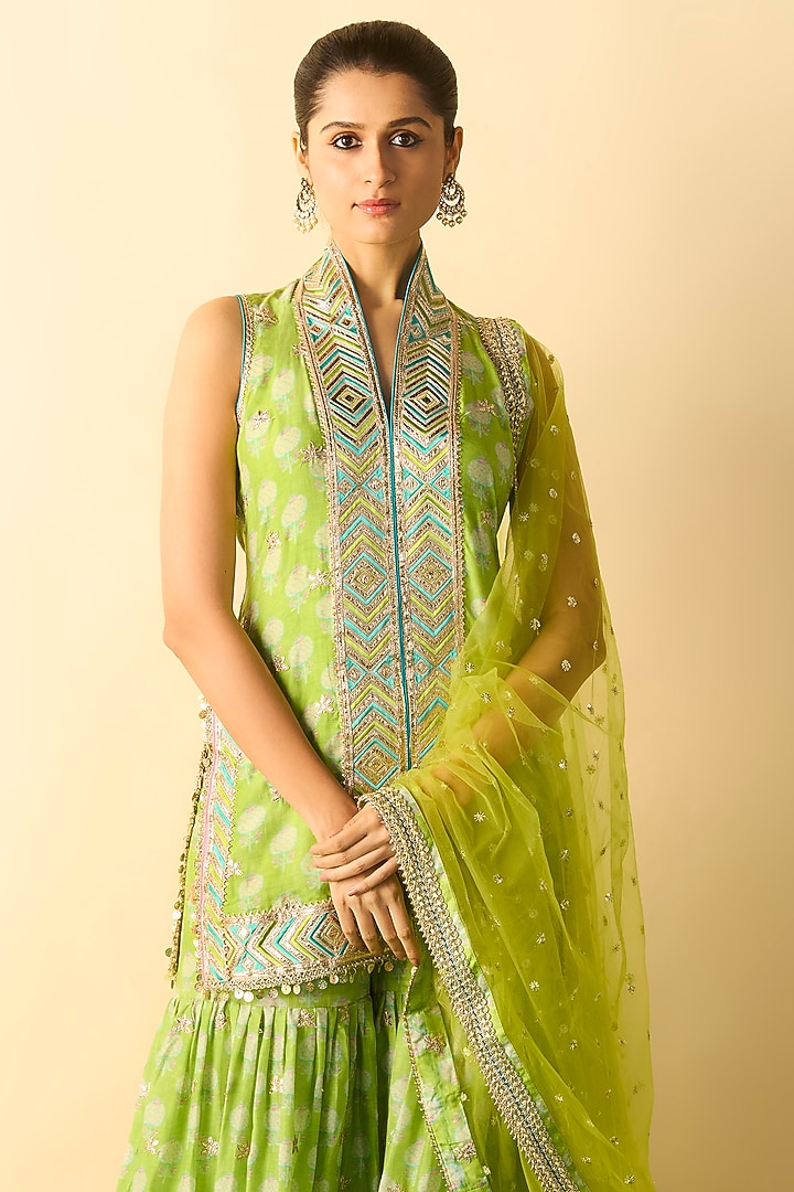 Lime Green Cotton Silk Gota-Patti Embroidered Wedding Sharara Set by GOPI VAID at Pernia's Pop Up Shop