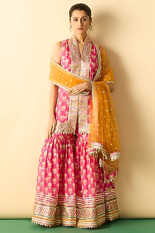 Pink Cotton Silk Gota-Patti Embroidered Sharara Set by GOPI VAID