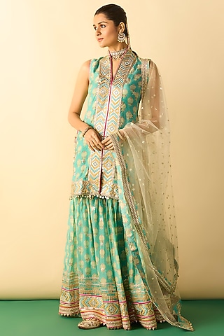 Aqua Cotton Silk Gota-Patti Embroidered Sharara Set by GOPI VAID