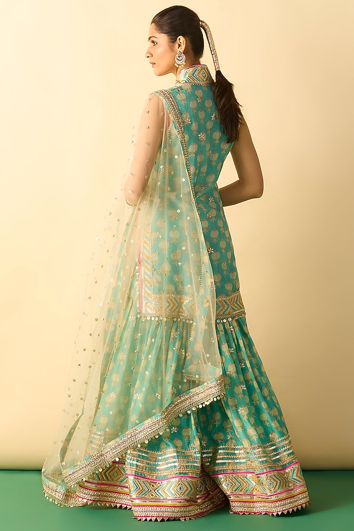 Aqua Cotton Silk Gota-Patti Embroidered Wedding Sharara Set by GOPI VAID at Pernia's Pop Up Shop